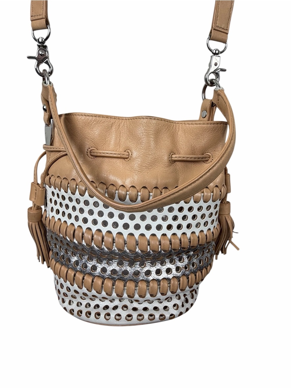 Loeffler‎ Randall Industry Bucket Bag Leather Brown White Silver